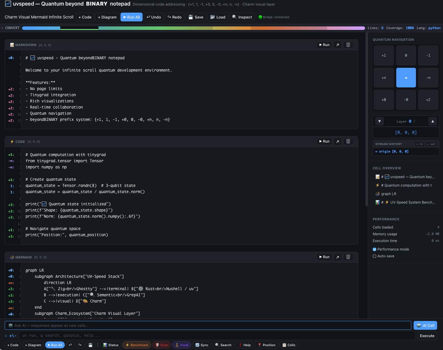 Quantum Notepad — main interface with prefix gutter, convert timeline, and navigation